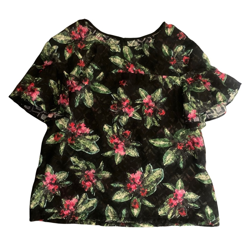 Stunning, sheer Eva Franco, black, floral blouse.